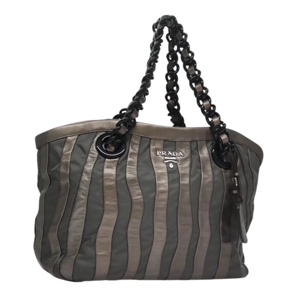 PRADA HS Prada Jacquard Shoulder Bag Leather Silver FF4583/WS4583 Auth FF4583V - Picture 1 of 15